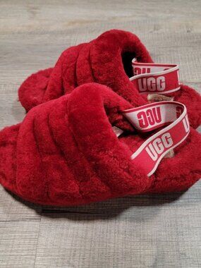 UGG Fluff Yeah Shearling Slippers Red Womens Size 7 Slingback Slide Shoes